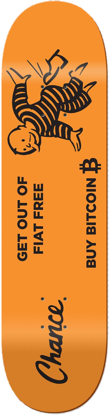 Get Out of Fiat Free, Bitcoin series — skateboard graphic by Leighton Dyer