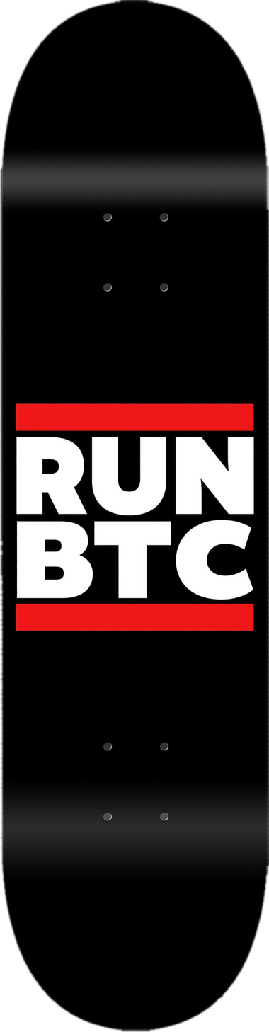 Run BTC, Bitcoin series — skateboard graphic by Leighton Dyer
