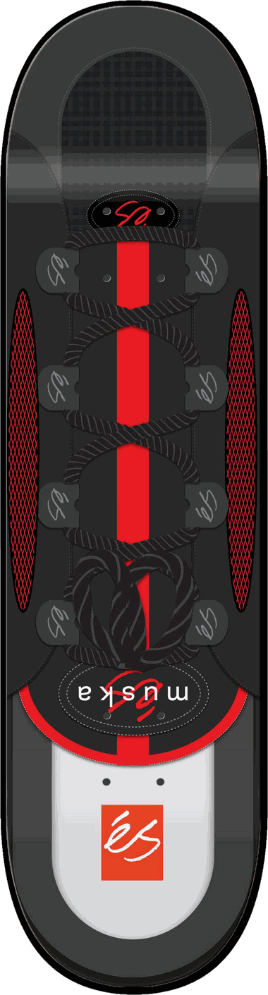 éS Muska, Black/Red, éS series — skateboard graphic by Leighton Dyer