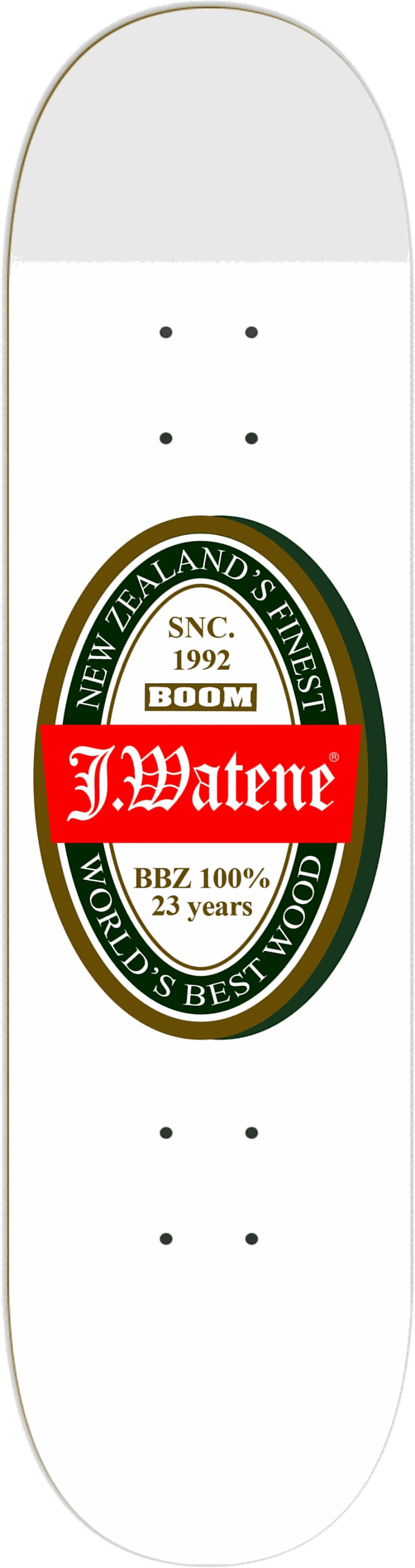 J.Watene No. 1, white colourway, full length — skateboard graphic by Leighton Dyer