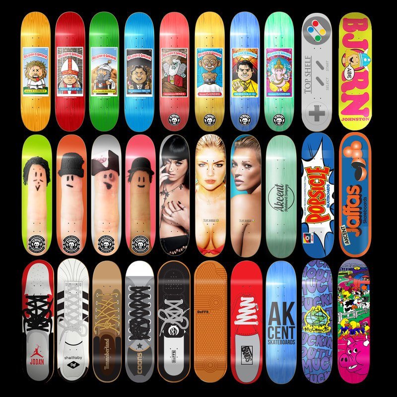 A wall of Tatsie skateboard decks designed by Leighton James Dyer